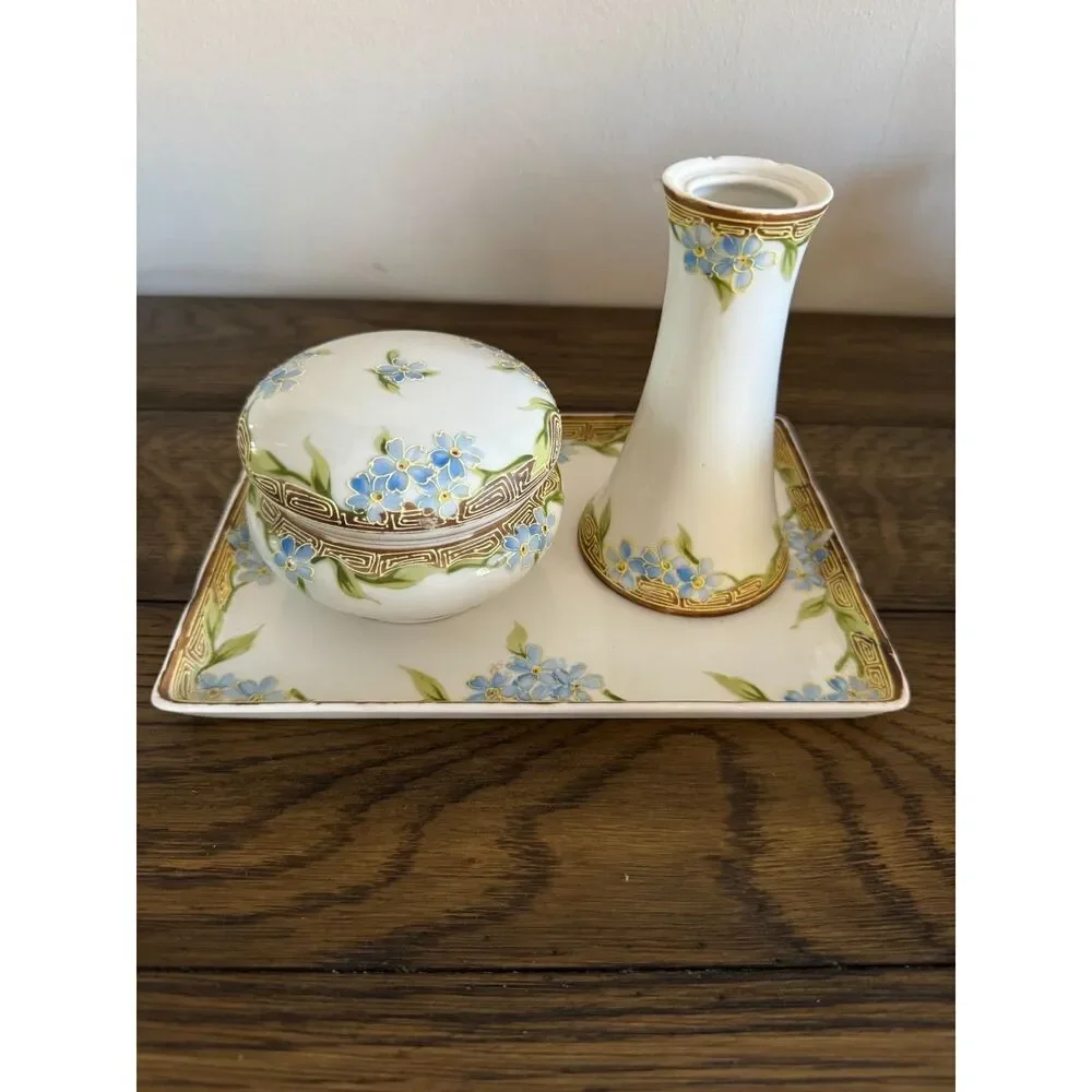 Vintage Nippon dresser set 3 pieces gorgeous hat pin holder, jar, tray